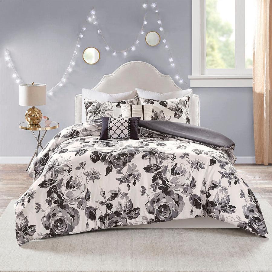 Dorsey King/California King Floral Print Duvet Cover Set Black & White Olliix.com