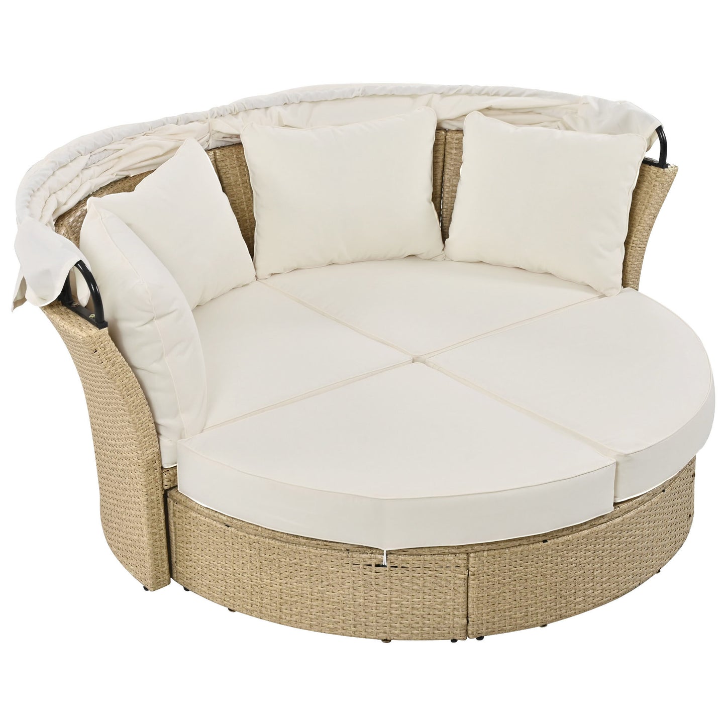 Outdoor Patio Daybed Wicker Rattan Double Daybed Round Sofa Furniture Set with Retractable Canopy, 4 Pillows for Lawn Garden Backyard Porch Pool, Beige House to Home Furnishings LLC