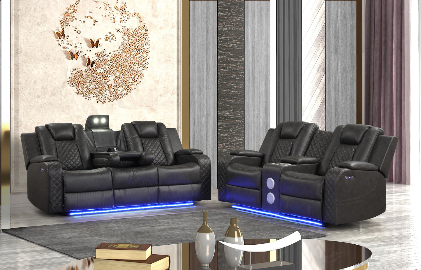 Benz LED & Power Recliner 2 PC Made With Faux Leather in Black (FREE SHIPPING) House to Home Furnishings LLC