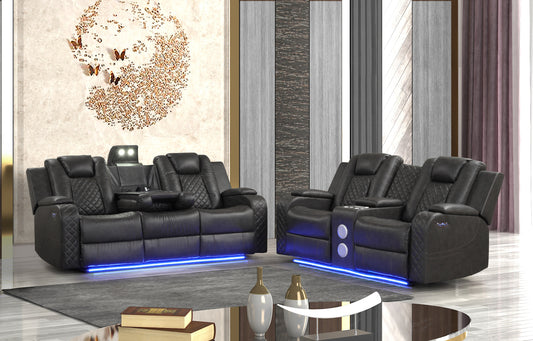 Benz LED & Power Recliner 2 PC Made With Faux Leather in Black (FREE SHIPPING)