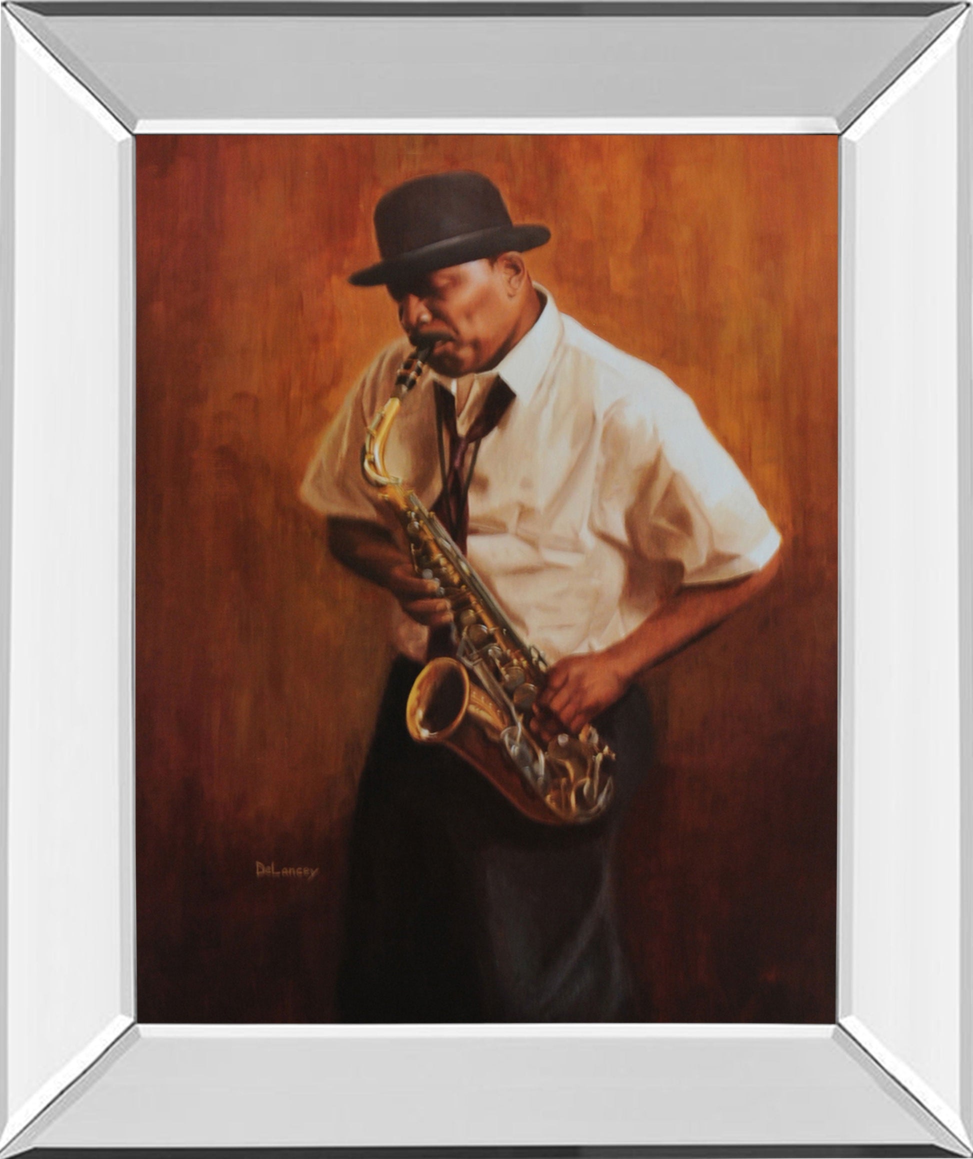 Sax Player - Mirror Framed Print Wall Art - White Classy Art