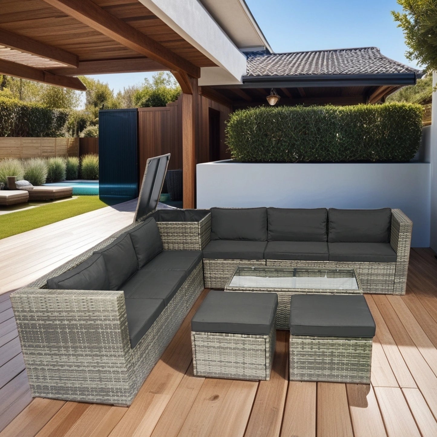 8 Piece Patio Outdoor Sectional Wicker Rattan Outdoor Furniture Sofa Set with One Storage Box Under Seat and Cushion Box Grey wicker + Black Cushion + Clear Glass Top House to Home Furnishings LLC