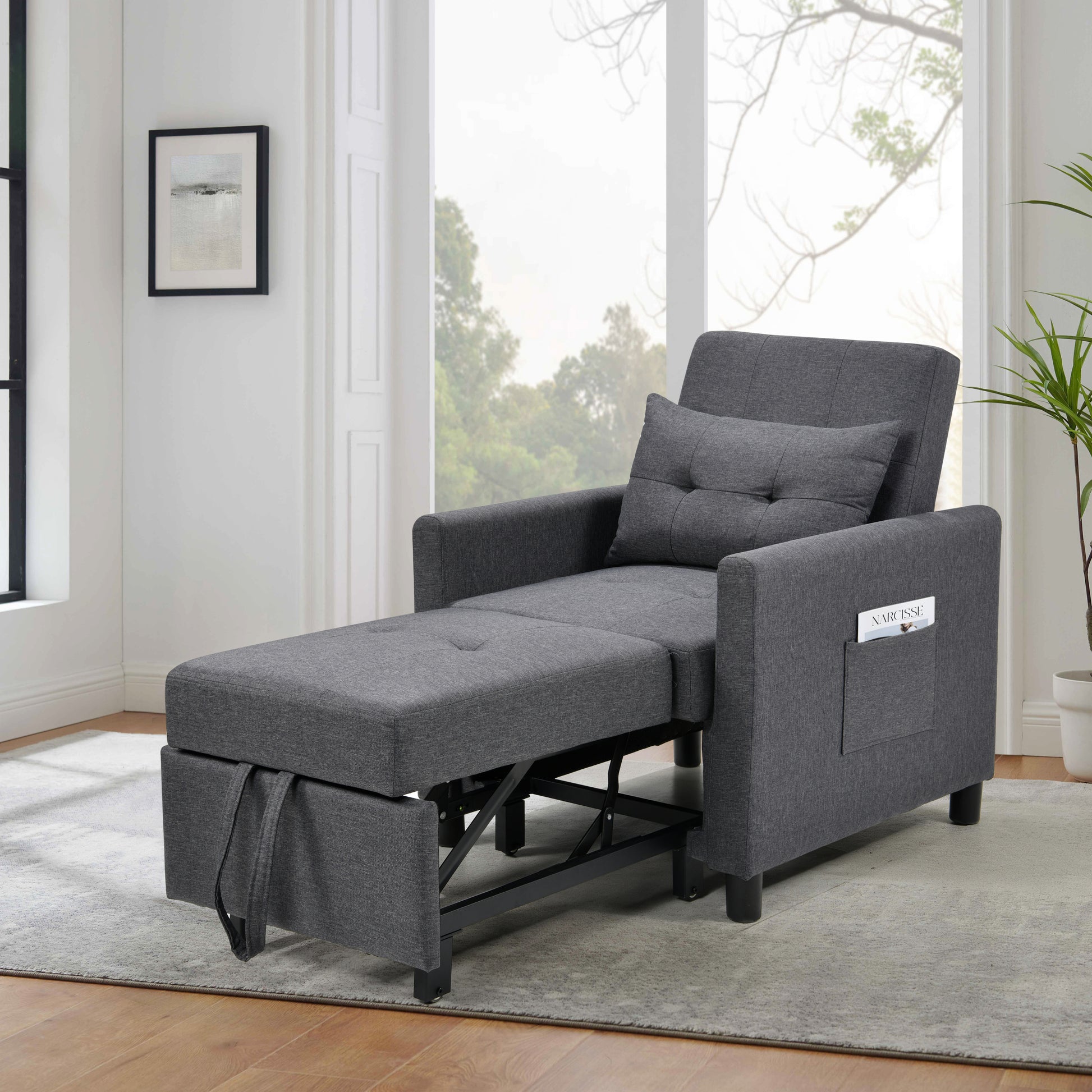 Single Sofa Bed with Pullout Sleeper, Convertible Folding Futon Chair, Lounge Chair Set with 1pc Lumbar pillow, Drak Gray color fabric House to Home Furnishings LLC