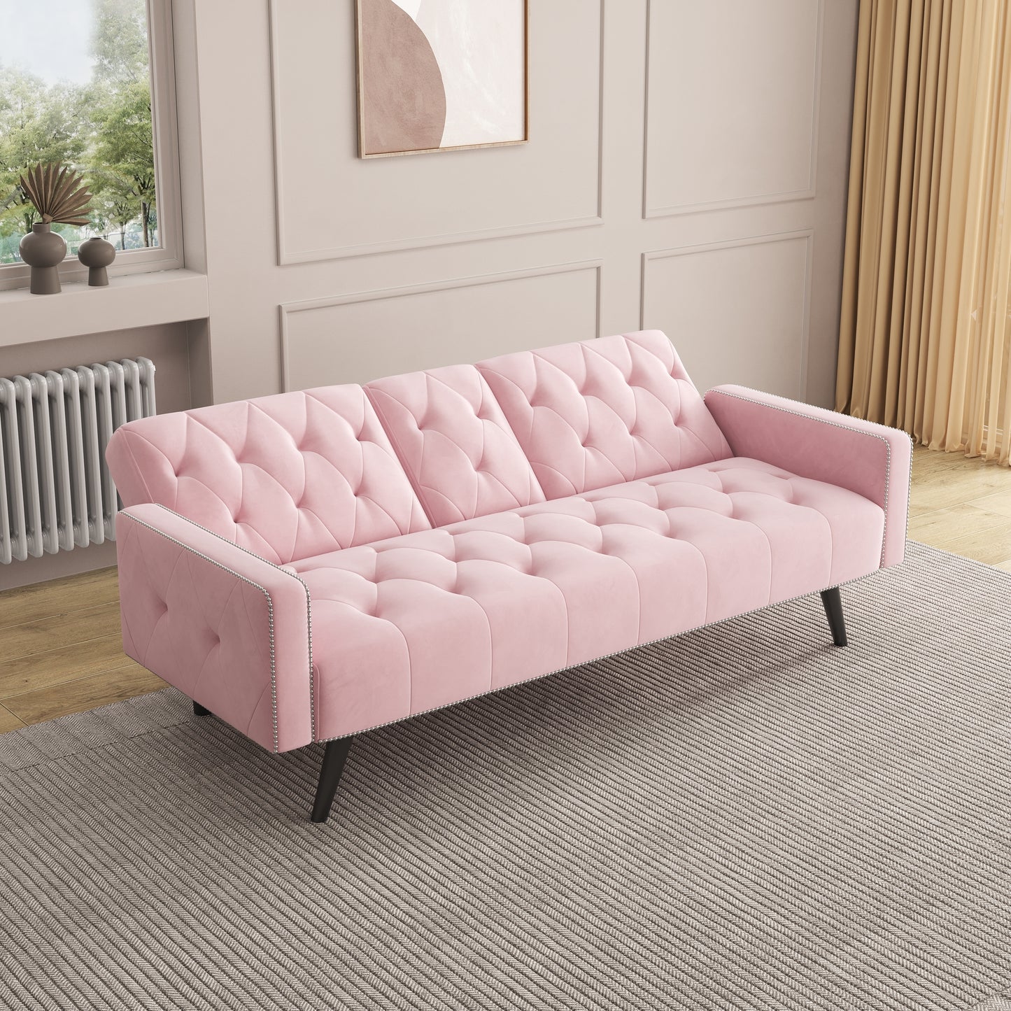 1730 Sofa Bed Armrest with Nail Head Trim with Two Cup Holders 72" Premium Pink Velvet  Sofa for Small Spaces House to Home Furnishings LLC