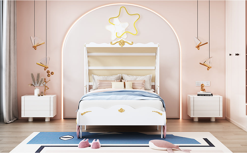 Twin Size Princess Carriage Bed with Canopy, Wood Platform Car Bed with 3D Carving Pattern, White+Pink+Gold House to Home Furnishings LLC