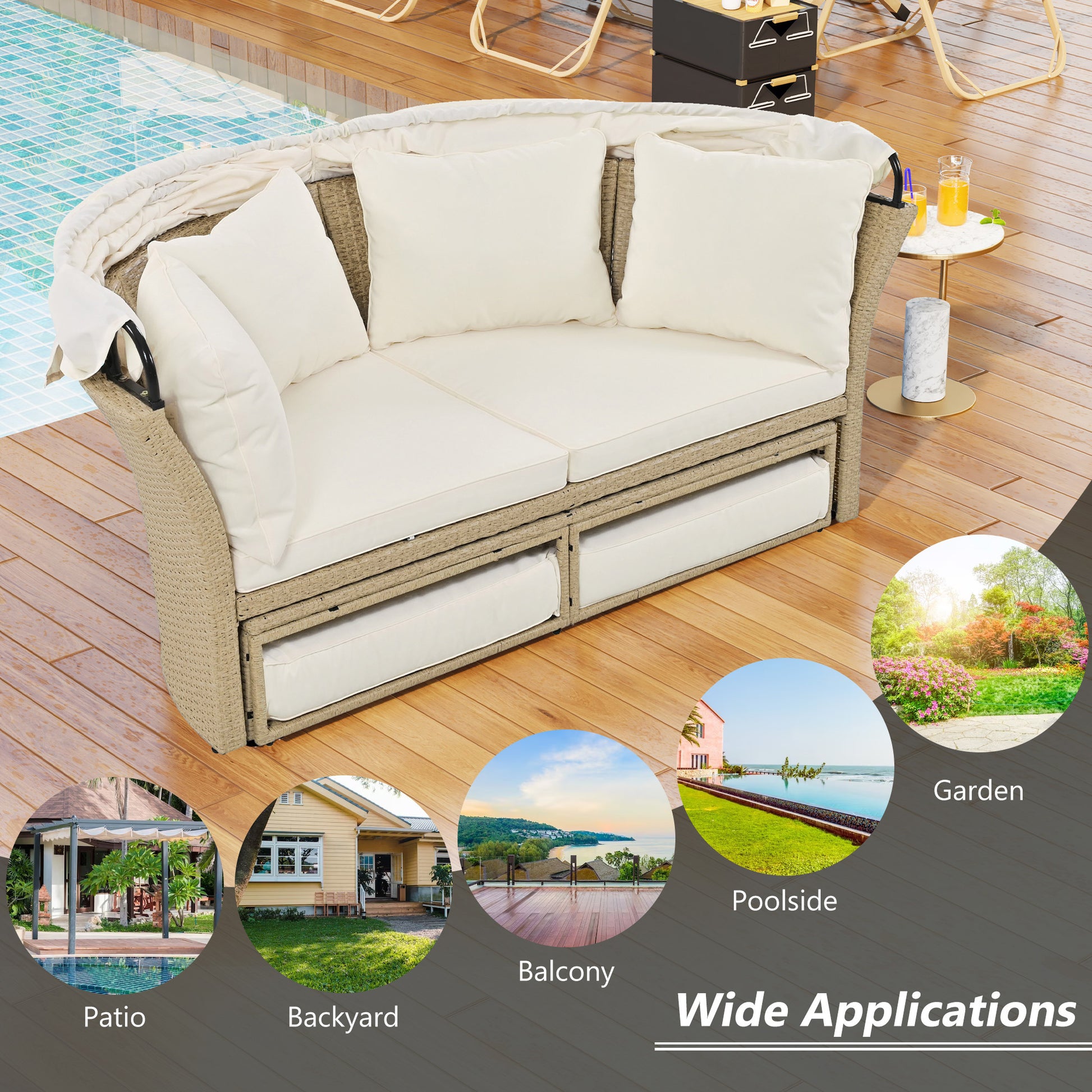 Outdoor Patio Daybed Wicker Rattan Double Daybed Round Sofa Furniture Set with Retractable Canopy, 4 Pillows for Lawn Garden Backyard Porch Pool, Beige House to Home Furnishings LLC