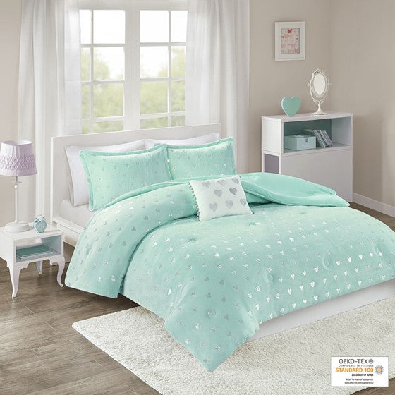 Metallic Printed Plush Comforter Set Aqua/Silver Twin XL Olliix.com