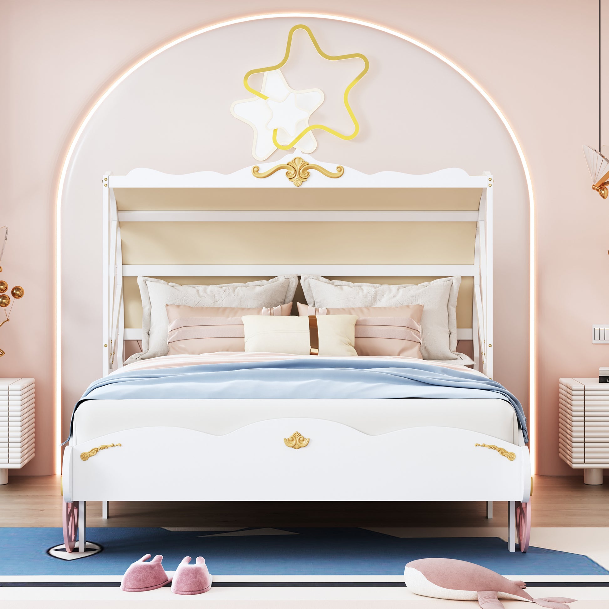 Full Size Princess Carriage Bed with Canopy, Wood Platform Car Bed with 3D Carving Pattern, White+Pink+Gold House to Home Furnishings LLC