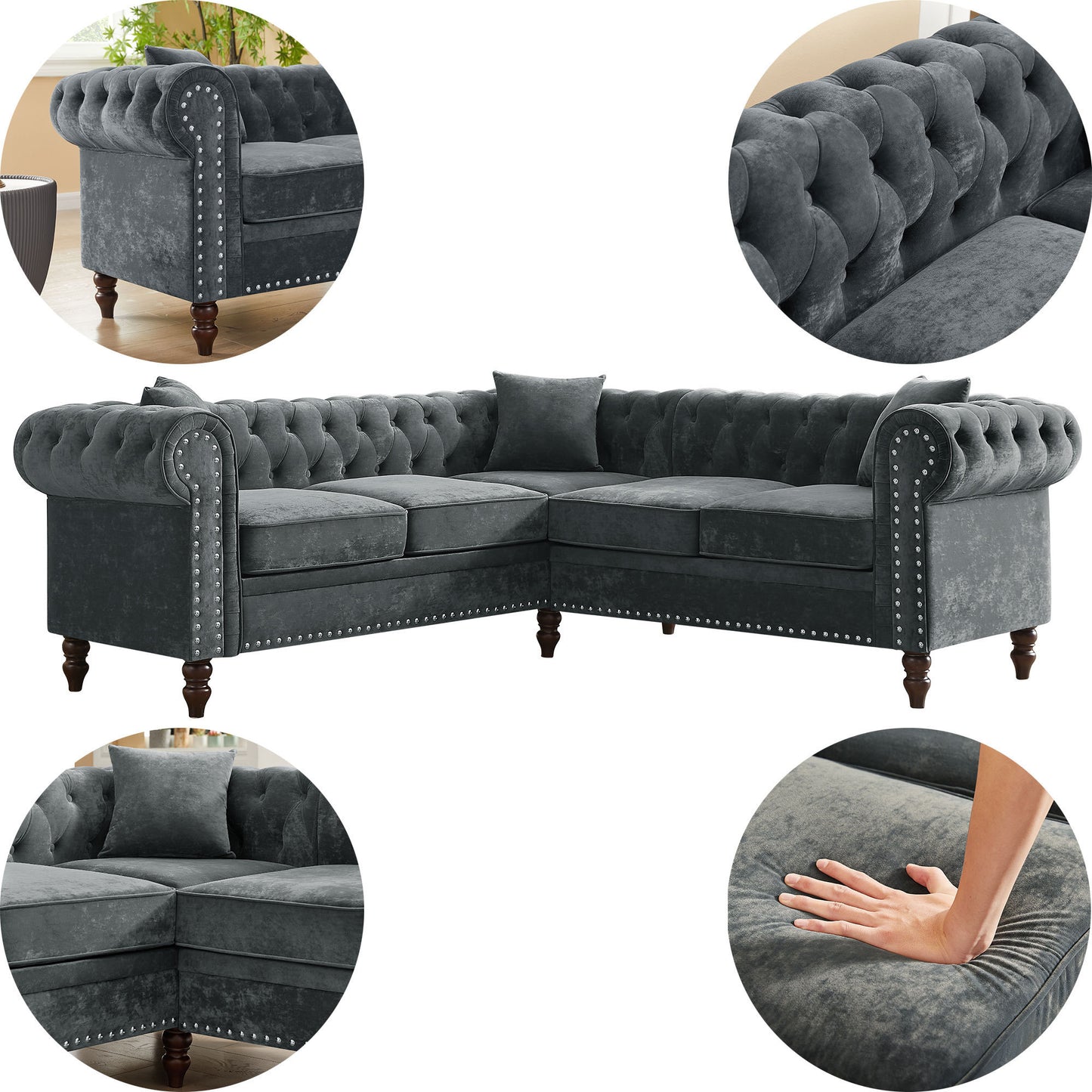 MH 80" Deep Button Tufted Upholstered Roll Arm Luxury Classic Chesterfield L-shaped Sofa 3 Pillows Included, Solid Wood Gourd Legs, Grey velvet ***(FREE SHIPPING)*** House to Home Furnishings LLC