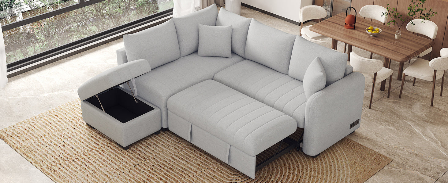 82.6" L-shaped Sectional Pull Out Sofa Bed Sleeper Sofa with Two USB Ports, Two Power Sockets and a Movable Storage Ottoman, Gray ***(FREE SHIPPING)*** House to Home Furnishings LLC