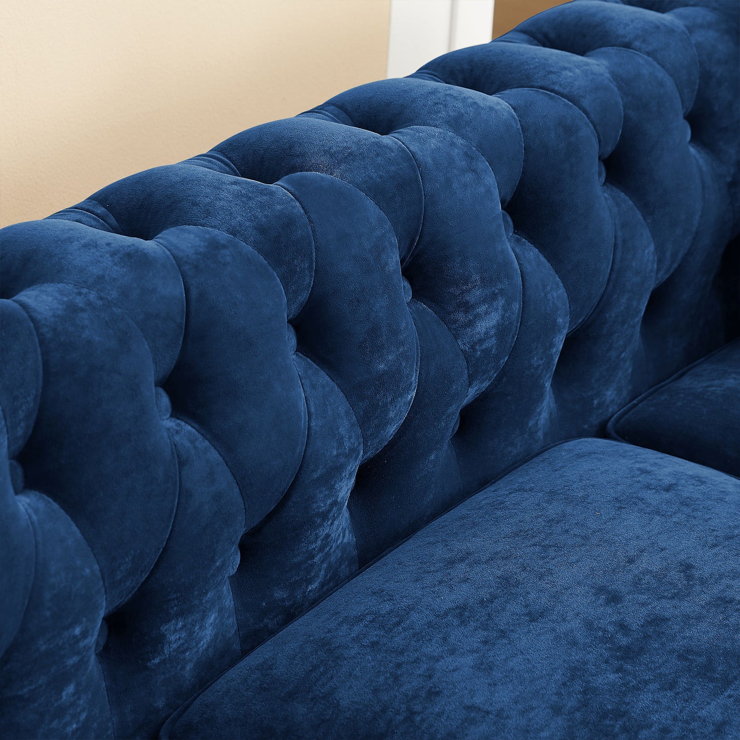 80" Inch Deep Button Tufted Upholstered Roll Arm Luxury Classic Chesterfield L-shaped Sofa 3 Pillows Included, Solid Wood Gourd Legs, Blue Velvet House to Home Furnishings LLC