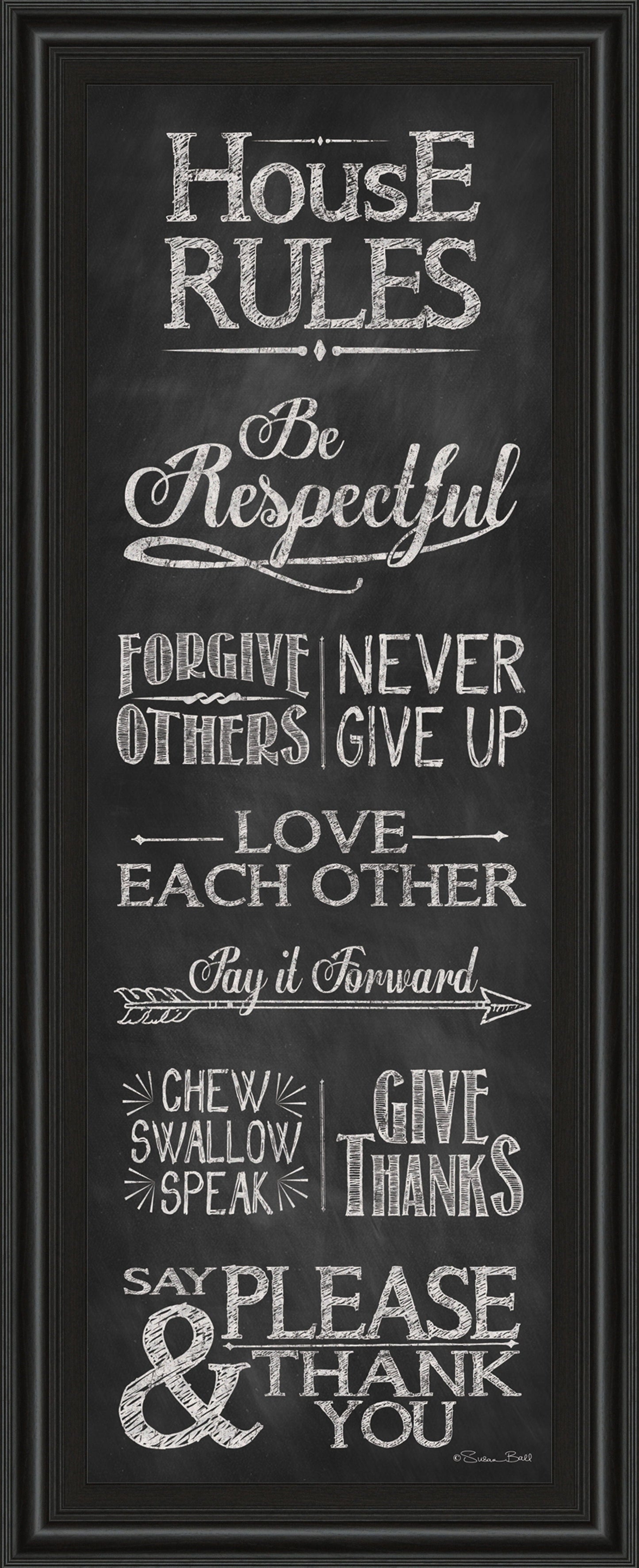 House Rules By Susan Ball - Framed Print Wall Art - Black Classy Art