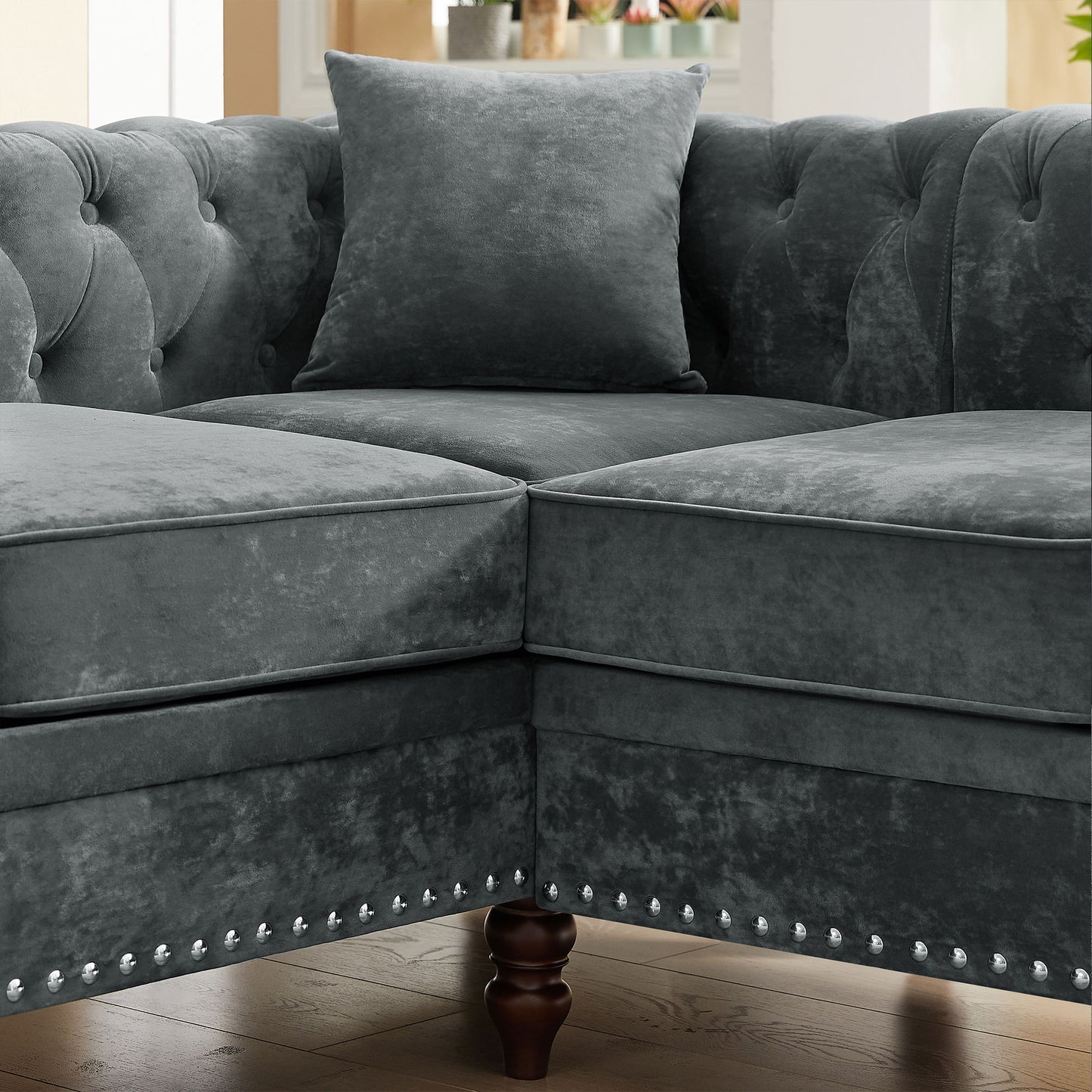 MH 80" Deep Button Tufted Upholstered Roll Arm Luxury Classic Chesterfield L-shaped Sofa 3 Pillows Included, Solid Wood Gourd Legs, Grey velvet ***(FREE SHIPPING)*** House to Home Furnishings LLC