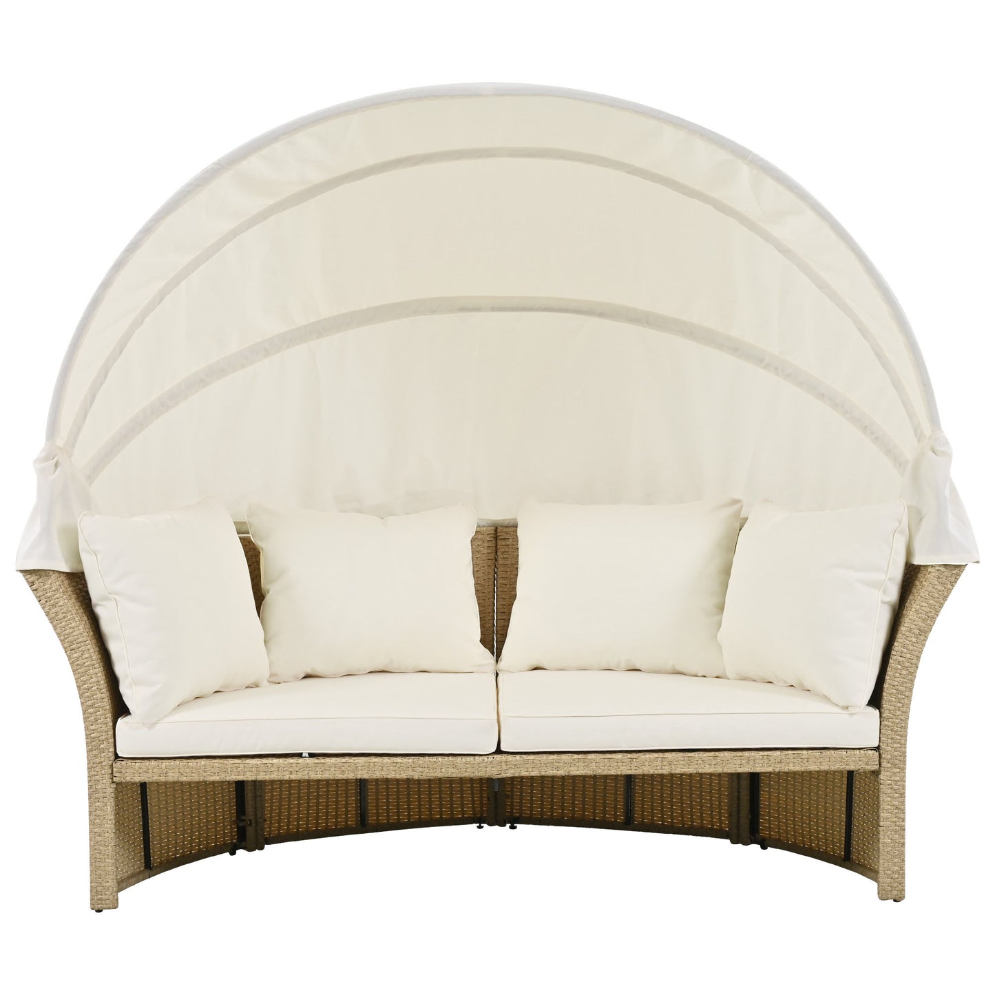 Outdoor Patio Daybed Wicker Rattan Double Daybed Round Sofa Furniture Set with Retractable Canopy, 4 Pillows for Lawn Garden Backyard Porch Pool, Beige House to Home Furnishings LLC