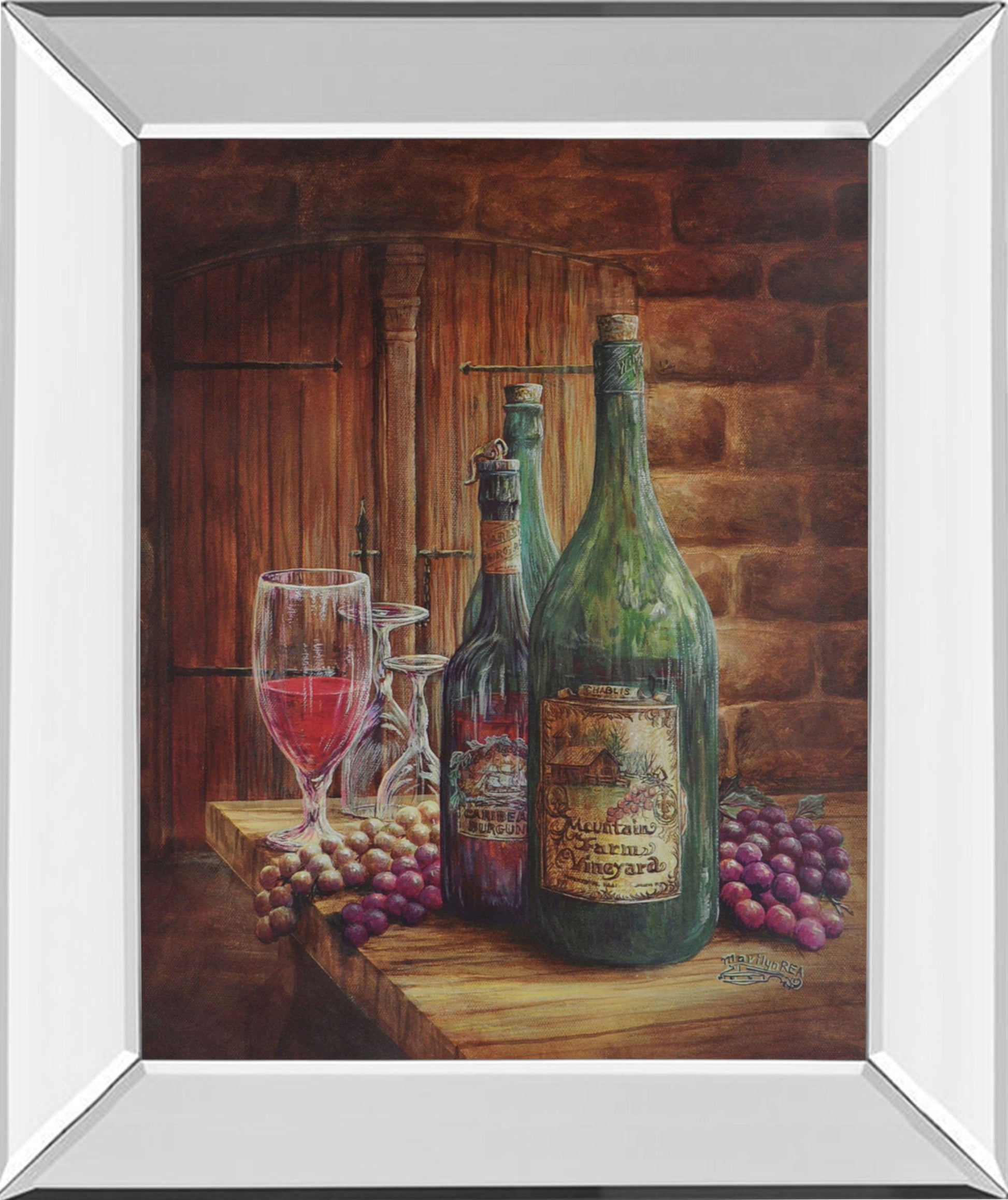 Vintage Wine Ill - Mirror Framed Print Wall Art - Dark Brown Classy Art