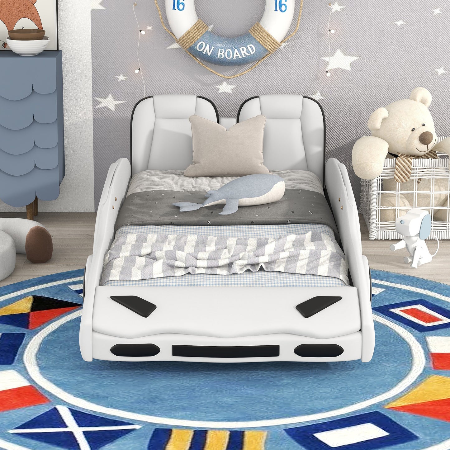 Twin Size Race Car-Shaped Platform Bed with Wheels, White House to Home Furnishings LLC