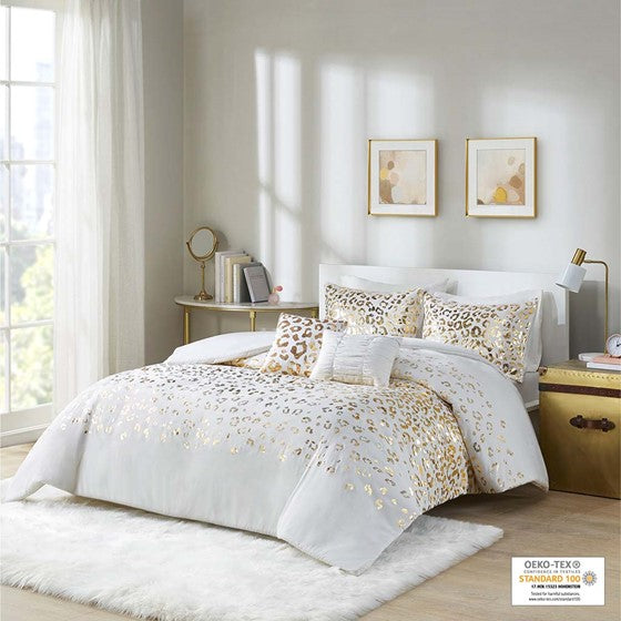 Metallic Animal Printed Duvet Cover Set Ivory/Gold Twin XL Olliix.com