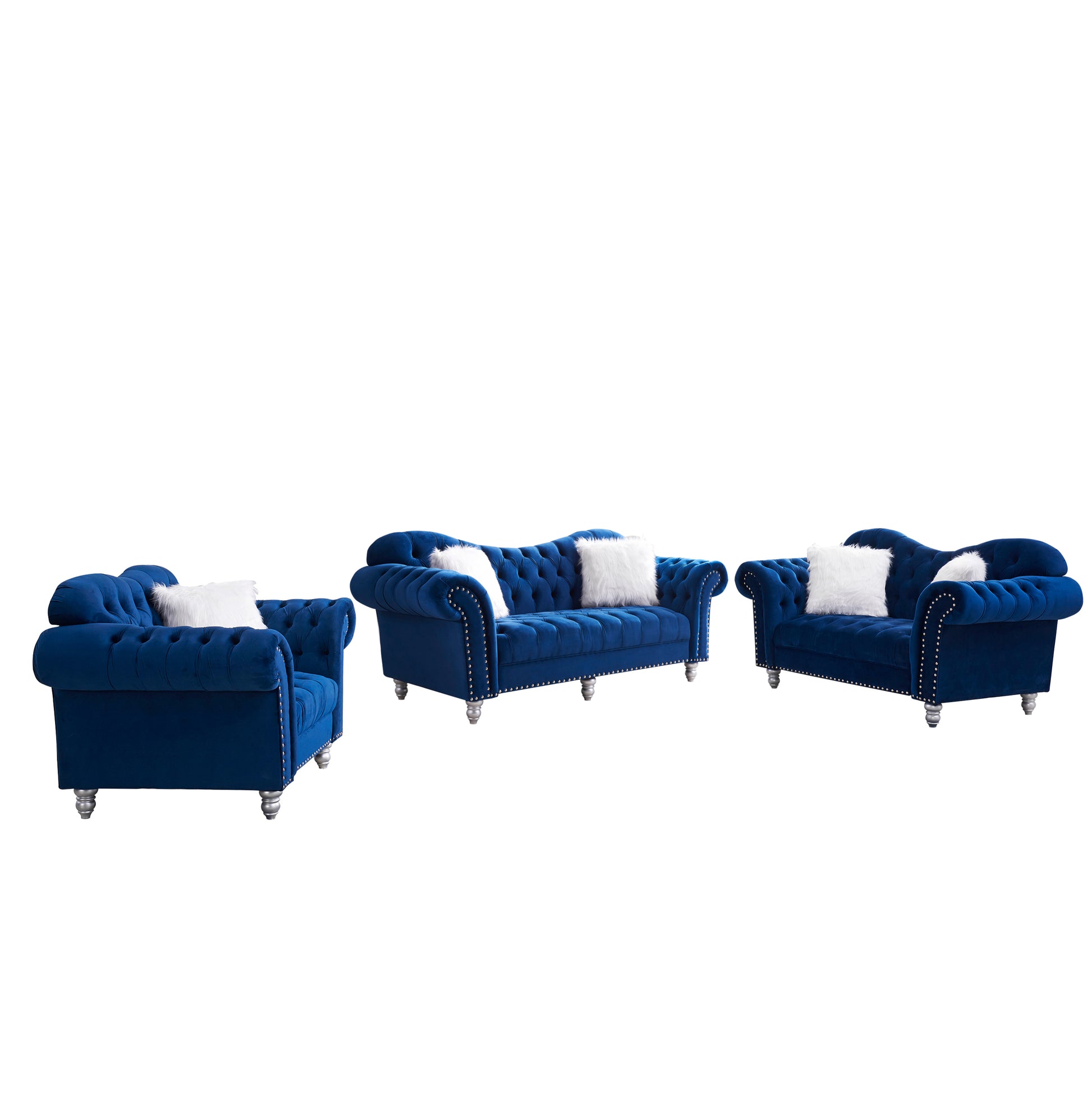 3 Piece Living Room Sofa Set, including 3-Seater Sofa, Loveseat and Sofa Chair, with Button and Copper Nail on Arms and Back, Five White Villose Pillow, Blue. House to Home Furnishings LLC