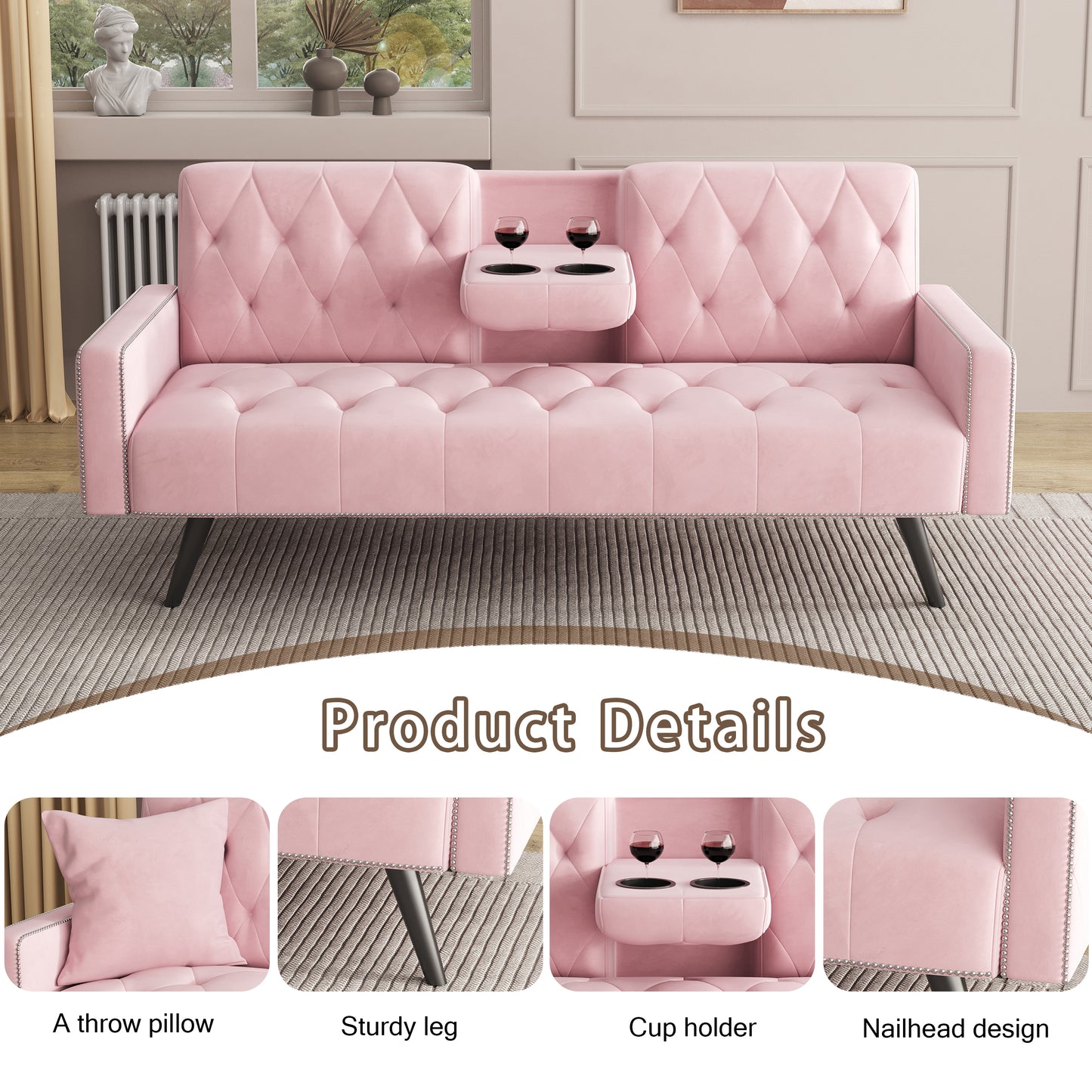 1730 Sofa Bed Armrest with Nail Head Trim with Two Cup Holders 72" Premium Pink Velvet  Sofa for Small Spaces House to Home Furnishings LLC