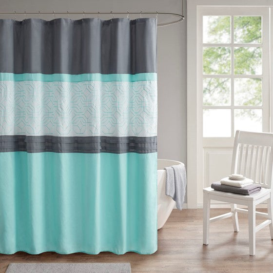 Embroidered and Pieced Shower Curtain Aqua/Grey Olliix.com