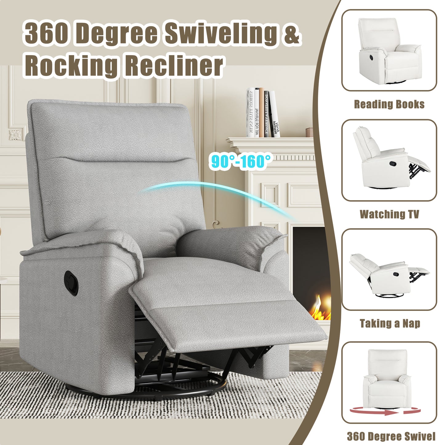 360° Degree Swivel Upholstered Manual Recliner Chair Theater Recliner Sofa Nursery Glider Rocker for Living Room, Grey House to Home Furnishings LLC