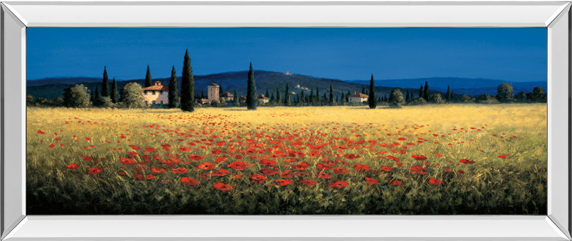 Tuscan Panorama-poppies By David Short - Mirrored Frame Wall Art - Blue Classy Art