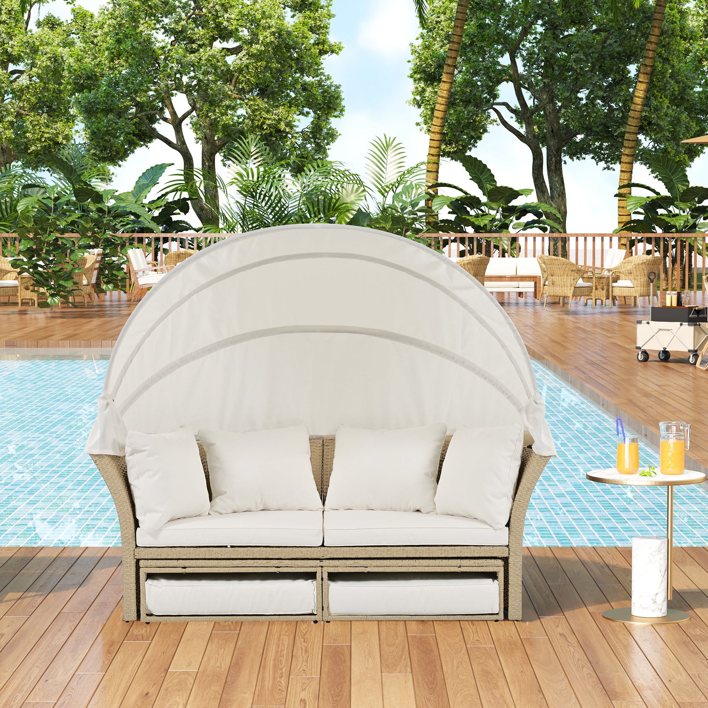 Outdoor Patio Daybed Wicker Rattan Double Daybed Round Sofa Furniture Set with Retractable Canopy, 4 Pillows for Lawn Garden Backyard Porch Pool, Beige House to Home Furnishings LLC