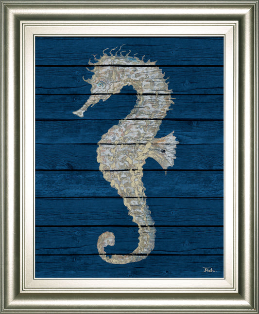 Antique Seahorse On Blue Il By Patricia Pinto - Framed Print Wall Art - Blue Classy Art