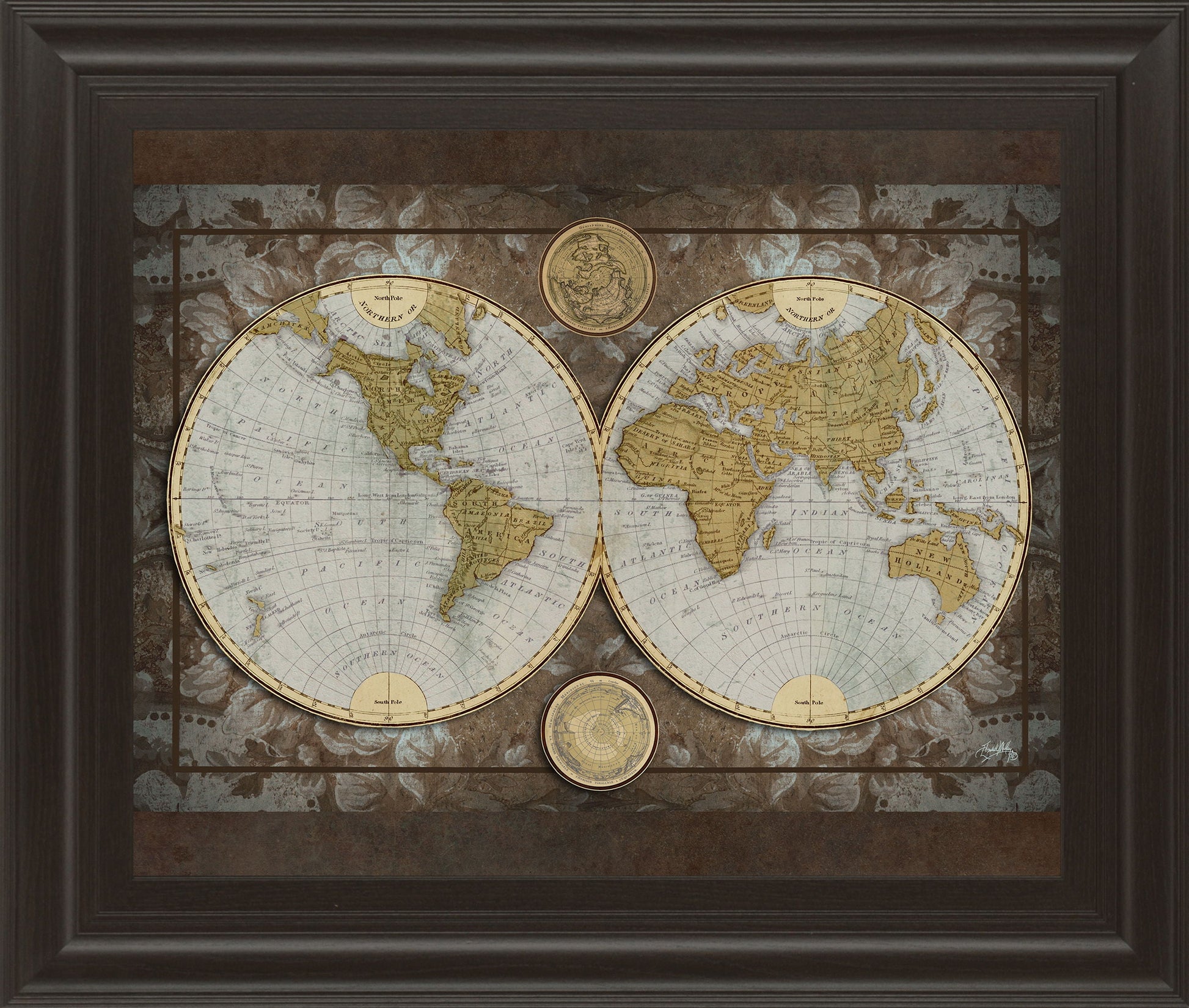 World Map By Elizabeth Medley - Framed Print Wall Art - Blue Classy Art