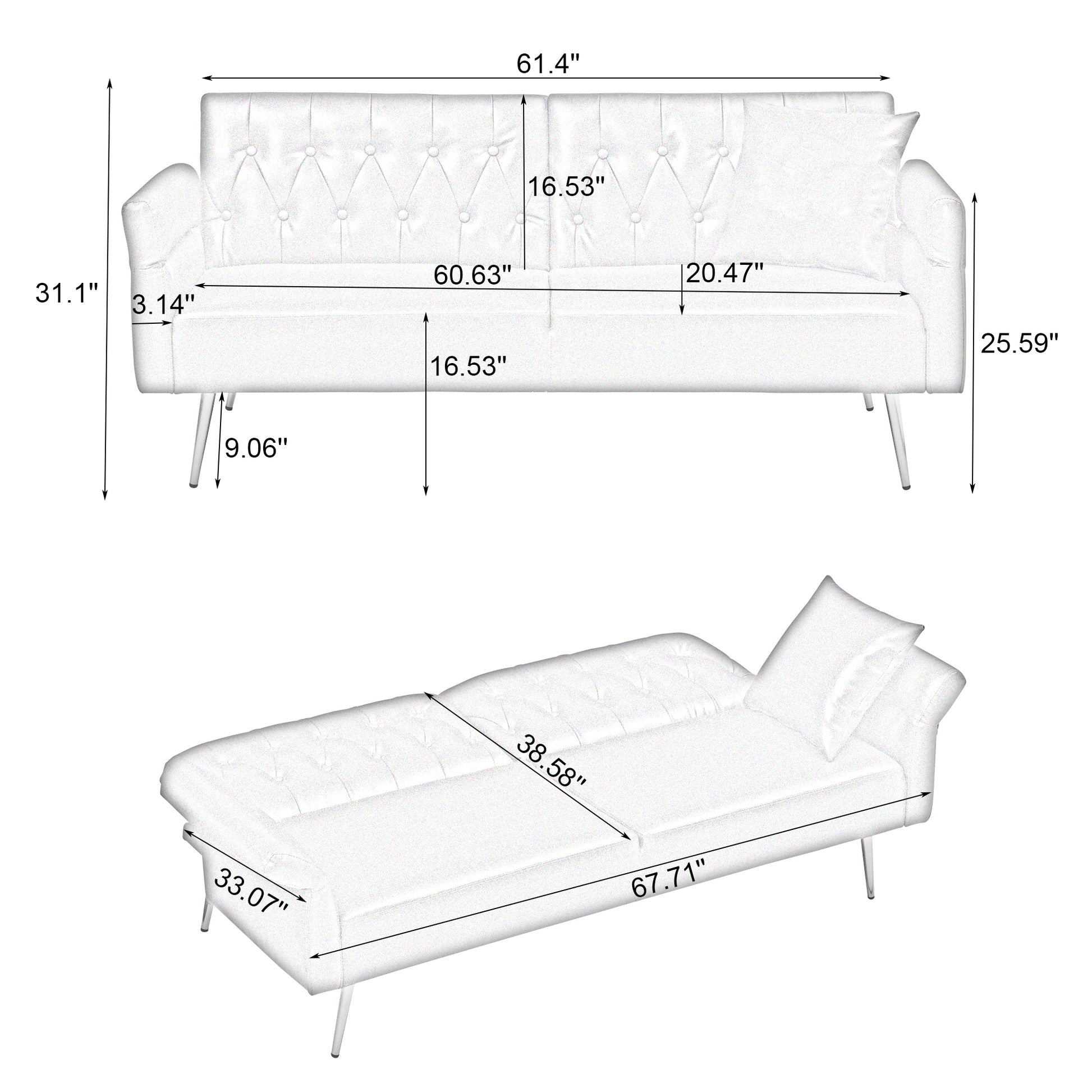 67.71 Inch Black Faux Leather sofa bed with adjustable arms House to Home Furnishings LLC