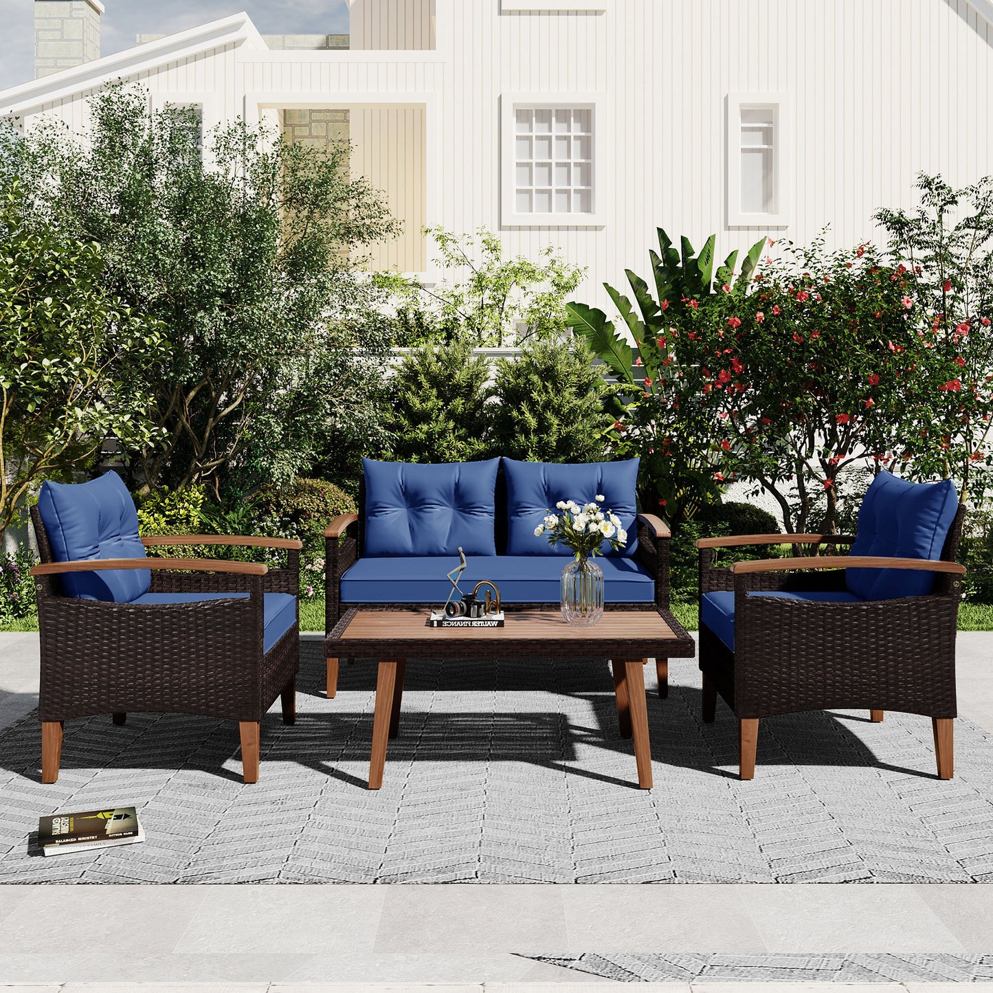 GO 4-Piece Garden Furniture,  Patio Seating Set, PE Rattan Outdoor Sofa Set, Wood Table and Legs, Brown and Blue House to Home Furnishings LLC