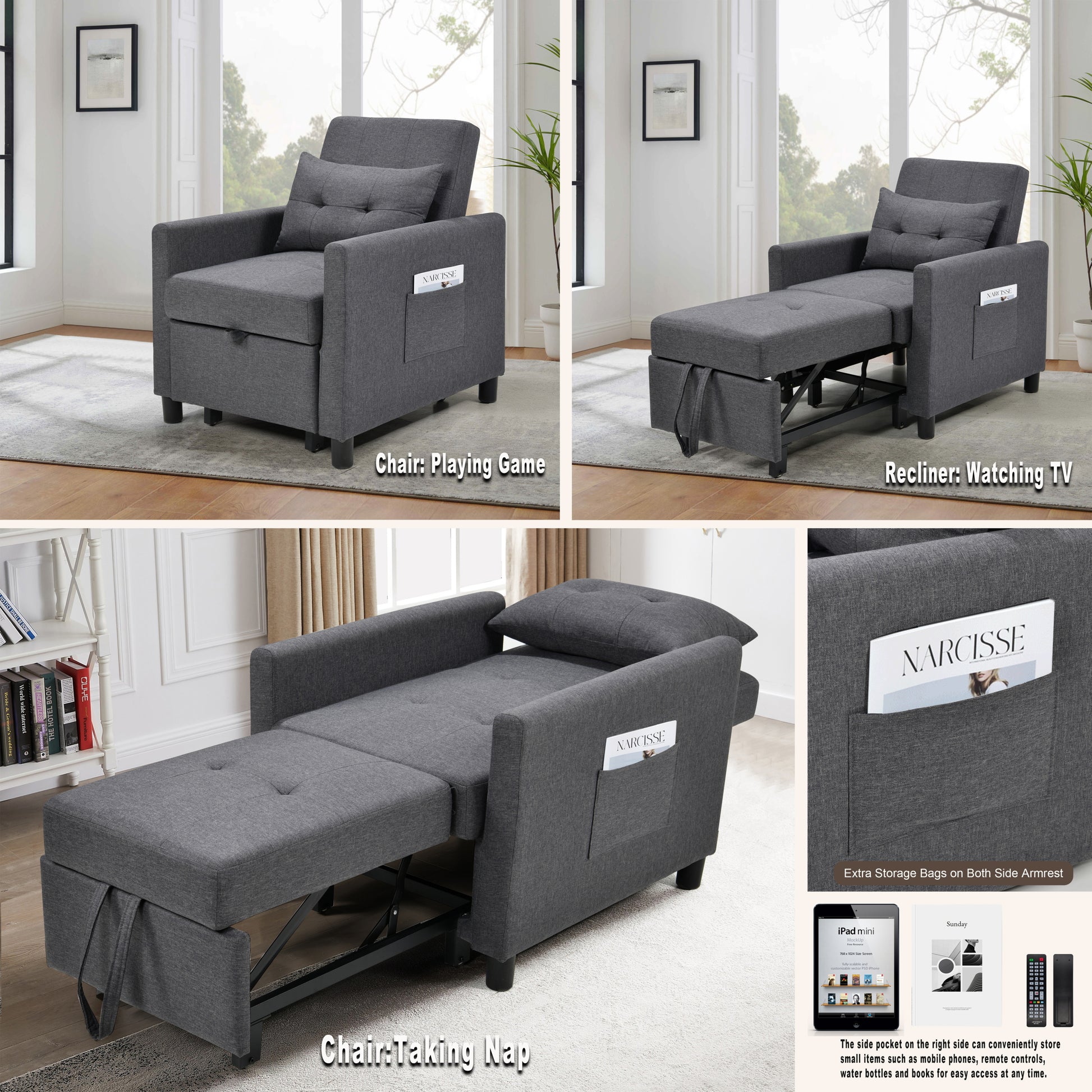 Single Sofa Bed with Pullout Sleeper, Convertible Folding Futon Chair, Lounge Chair Set with 1pc Lumbar pillow, Drak Gray color fabric House to Home Furnishings LLC