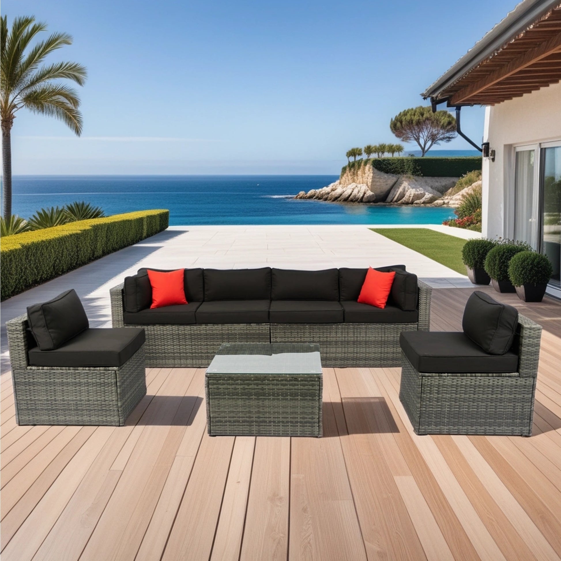 5 Pieces PE Rattan sectional Outdoor Furniture Cushioned U Sofa set with 2 Pillow Grey wicker + Black Cushion House to Home Furnishings LLC