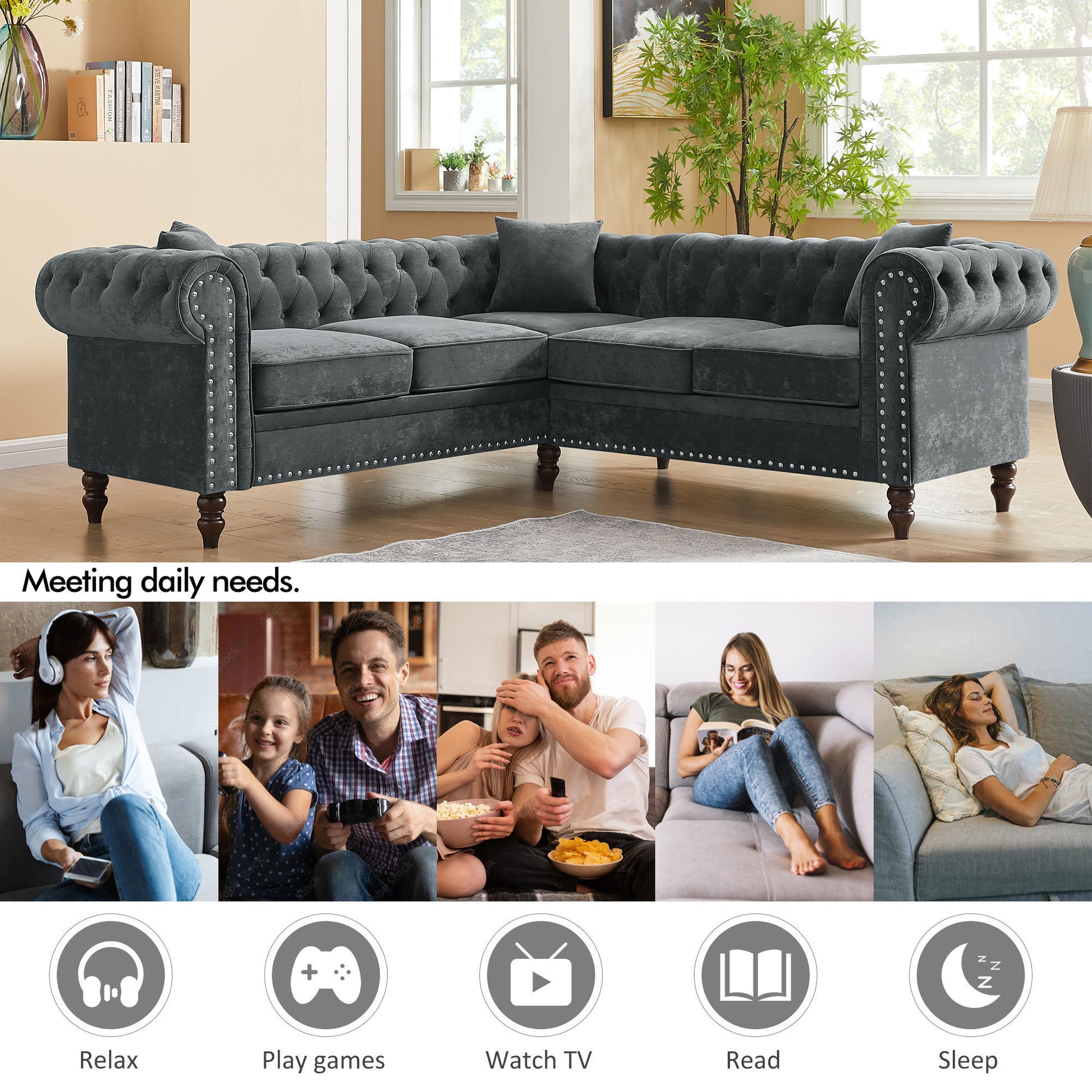 MH 80" Deep Button Tufted Upholstered Roll Arm Luxury Classic Chesterfield L-shaped Sofa 3 Pillows Included, Solid Wood Gourd Legs, Grey velvet ***(FREE SHIPPING)*** House to Home Furnishings LLC