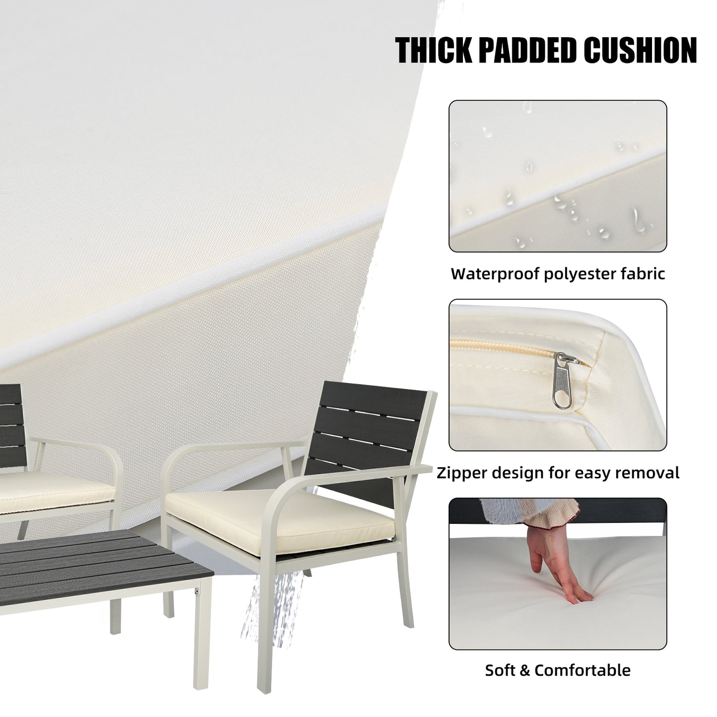 4 Pieces Patio Garden Sofa Conversation Set Wood Grain Design PE Steel Frame Loveseat All Weather Outdoor Furniture Set with Cushions Coffee Table for Backyard Balcony Lawn White House to Home Furnishings LLC