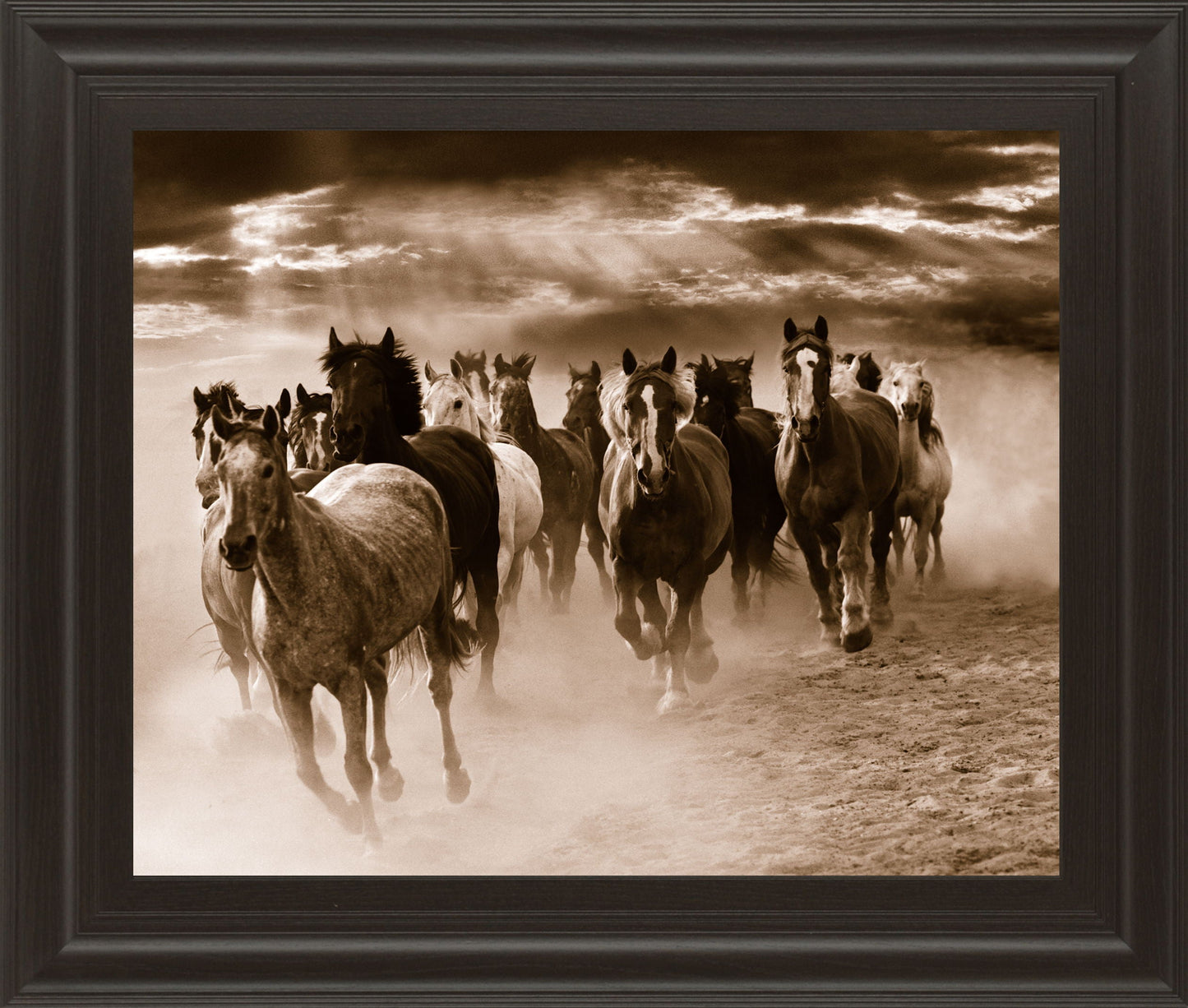 Running Horses By Monte Naglar - Framed Photo Print Wall Art - Dark Brown Classy Art