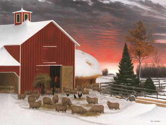 Framed - Snowy Farm By Seven Trees Design - Dark Red Classy Art