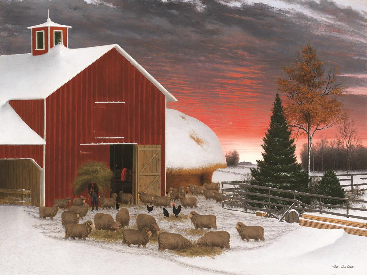 Framed Small - Snowy Farm By Seven Trees Design - Dark Red Classy Art