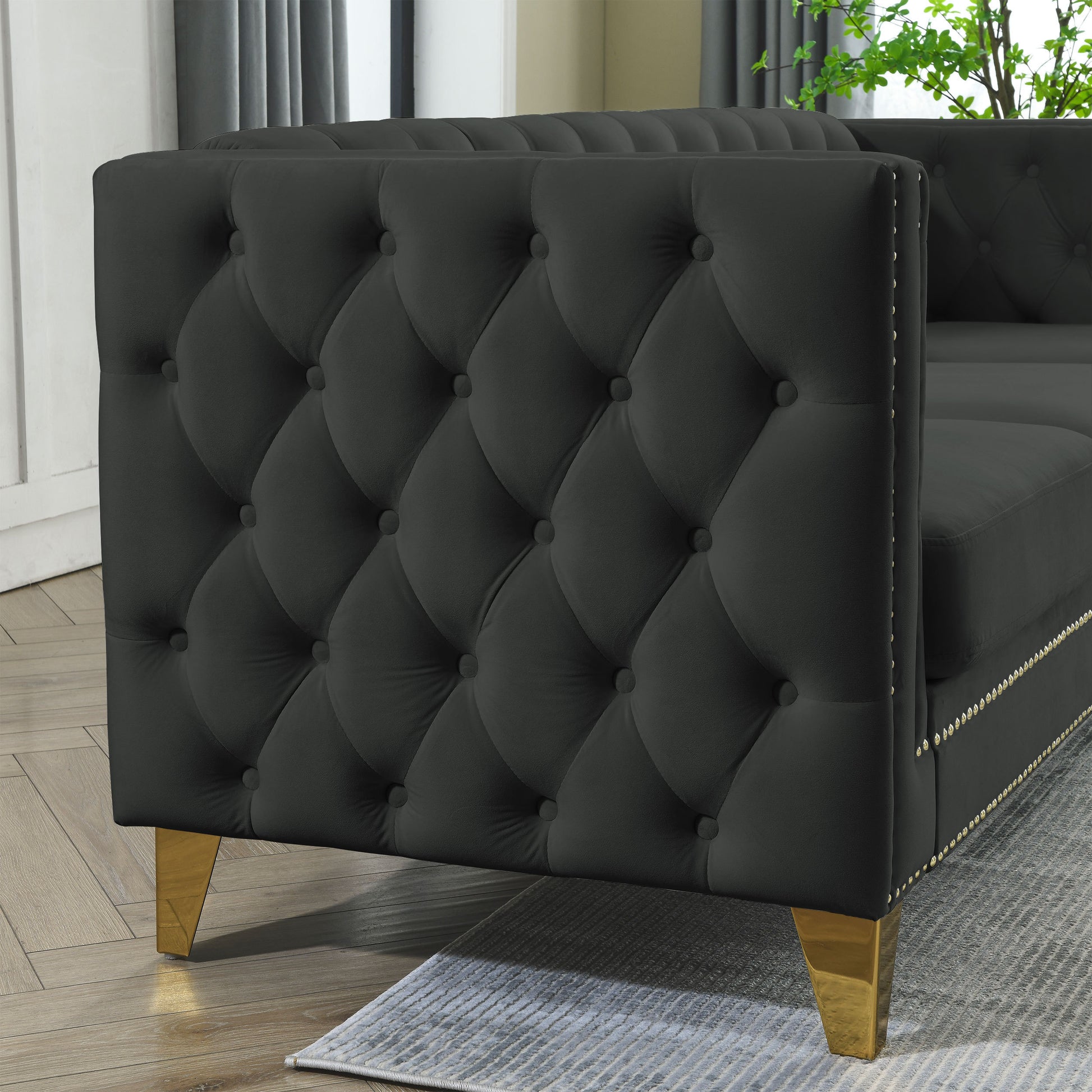 {Contact us for 3D modeling} Velvet Sofa for Living Room,Buttons Tufted Square Arm Couch, Modern Couch Upholstered Button and Metal Legs, Sofa Couch for Bedroom, Black Velvet(W834S00022) House to Home Furnishings LLC