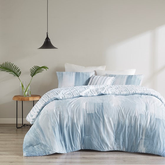 4 Piece Oversized Reversible Seersucker Comforter Set Blue Full/Queen Olliix.com