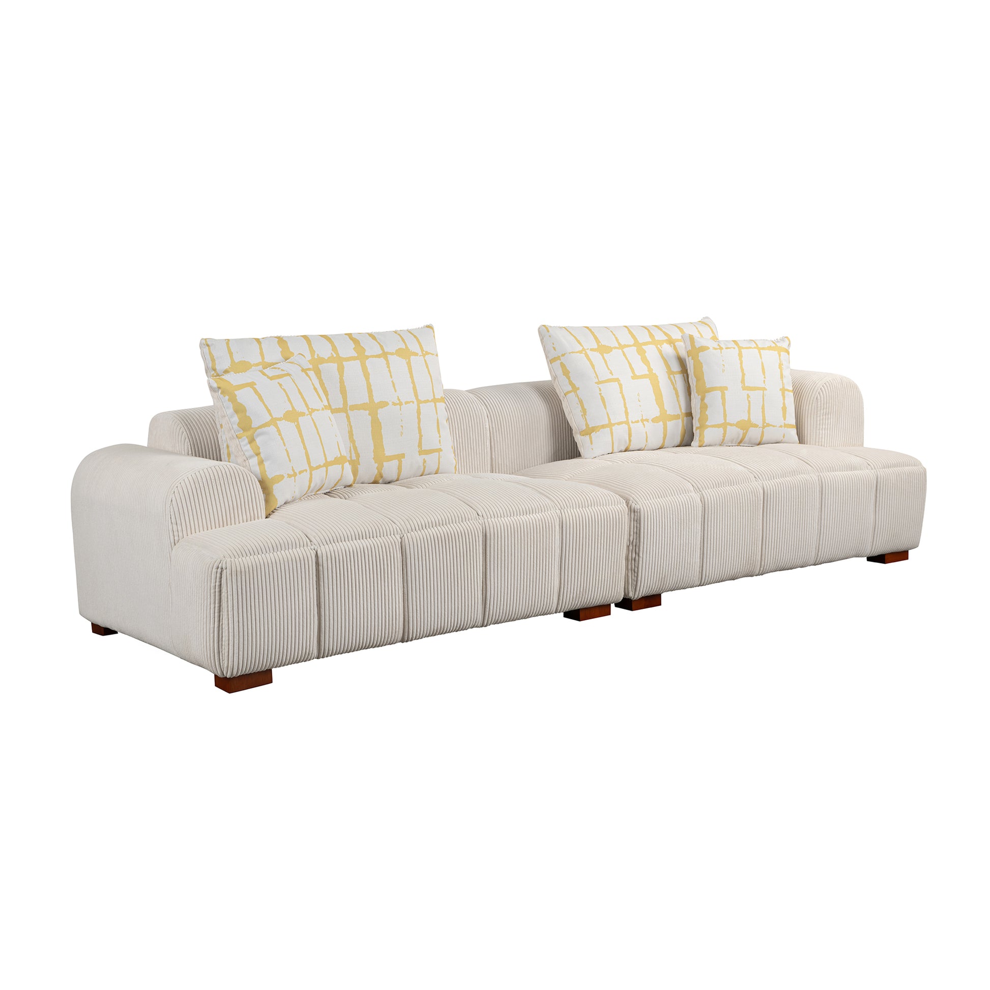 103.9" Modern Couch Corduroy Fabric Comfy Sofa with Rubber Wood Legs, 4 Pillows for Living Room, Bedroom, Office, Beige House to Home Furnishings LLC