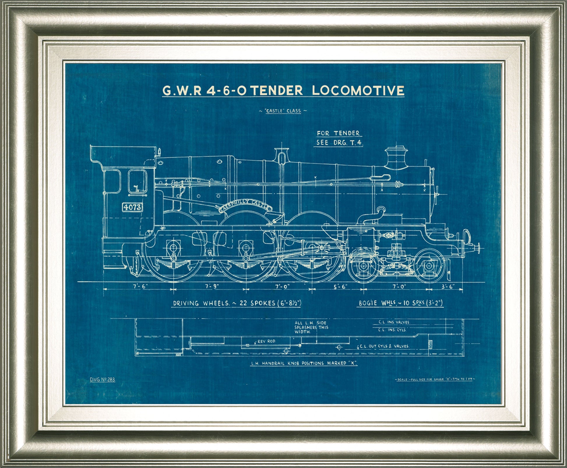 Locomotive Blueprint I By Wild Apple Portfolio - Framed Print Wall Art - Blue Classy Art