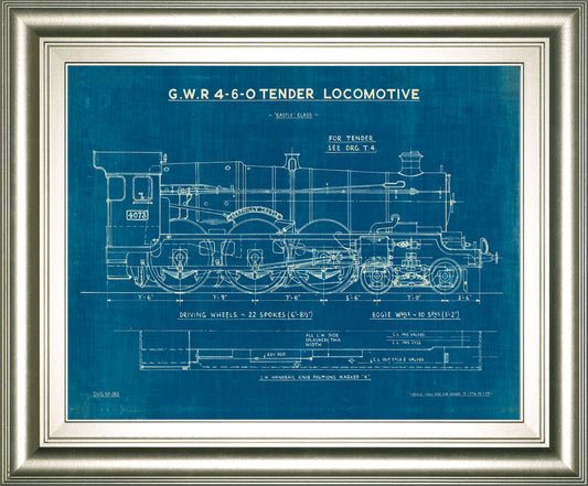 Locomotive Blueprint I By Wild Apple Portfolio - Framed Print Wall Art - Blue Classy Art