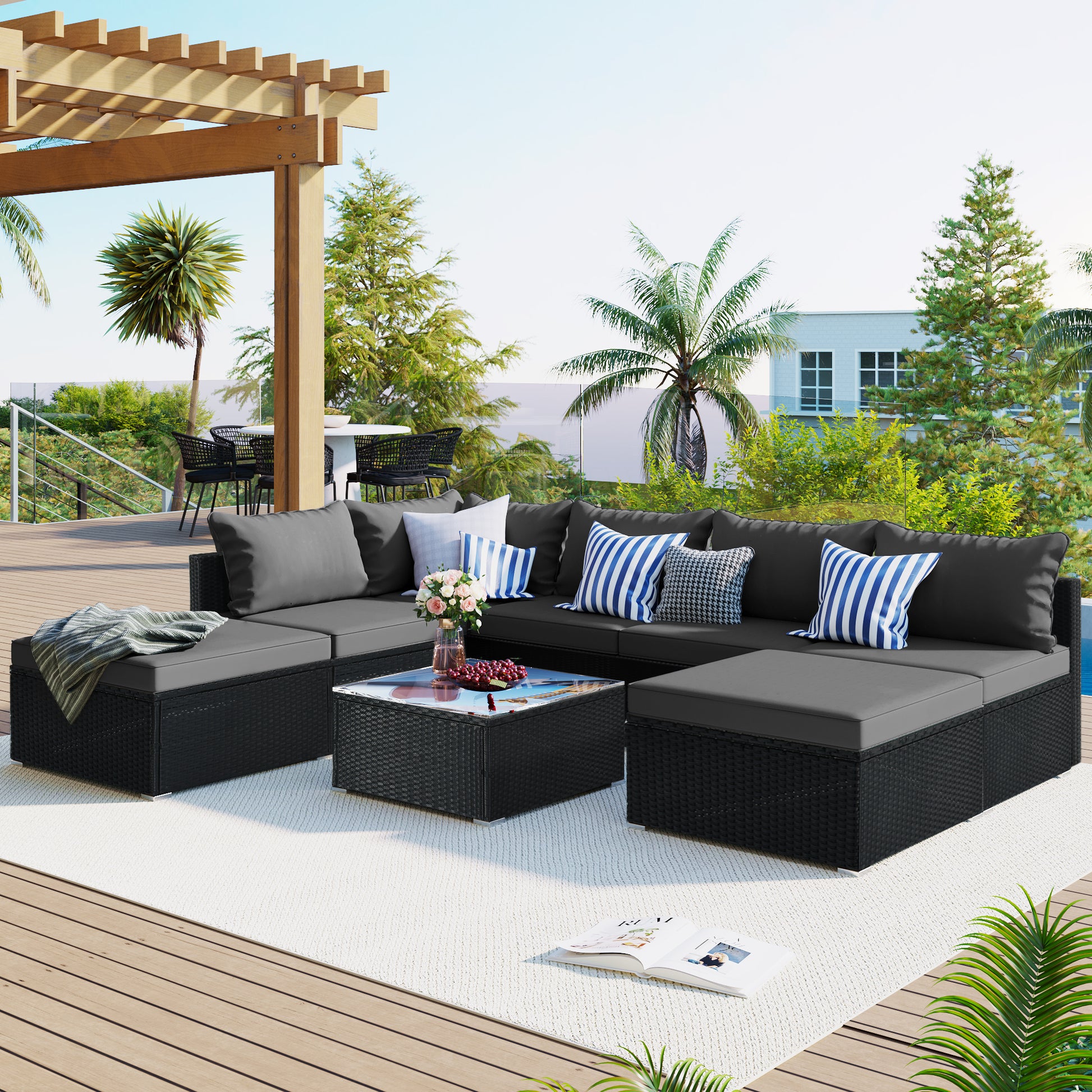 8-Pieces Sectional Sofa Outdoor Patio Furniture Sets, Garden Conversation Wicker Sofa Set, Single Sofa Combinable, Gray Cushions Black Wicker House to Home Furnishings LLC