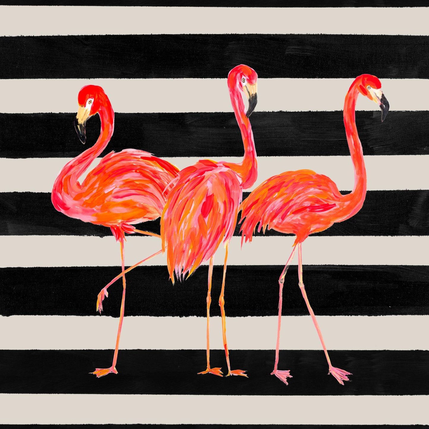 Fondly Flamingo Trio Square On Stripe By Julie Derice - Red Classy Art