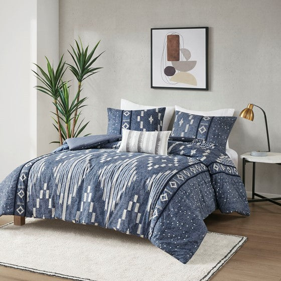 Cotton Printed Duvet Cover Set With Trims Indigo Blue Cal King Olliix.com