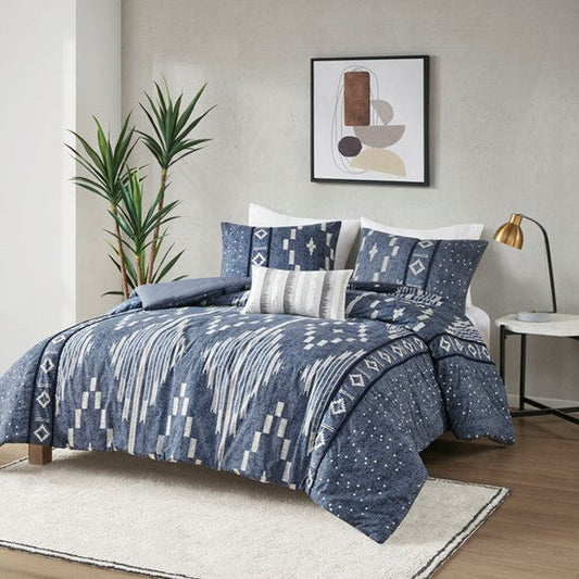 Cotton Printed Duvet Cover Set With Trims Indigo Blue Full/Queen Olliix.com