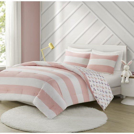 Cotton Cabana Stripe Reversible Comforter Set with Rainbow Reverse Pink Twin Olliix.com