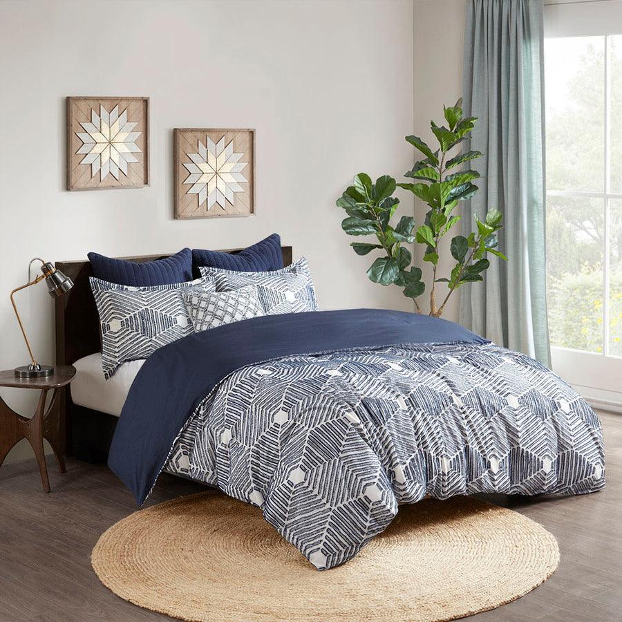 Ellipse Coastal Cotton Jacquard Comforter Set Navy Full/Queen Olliix.com