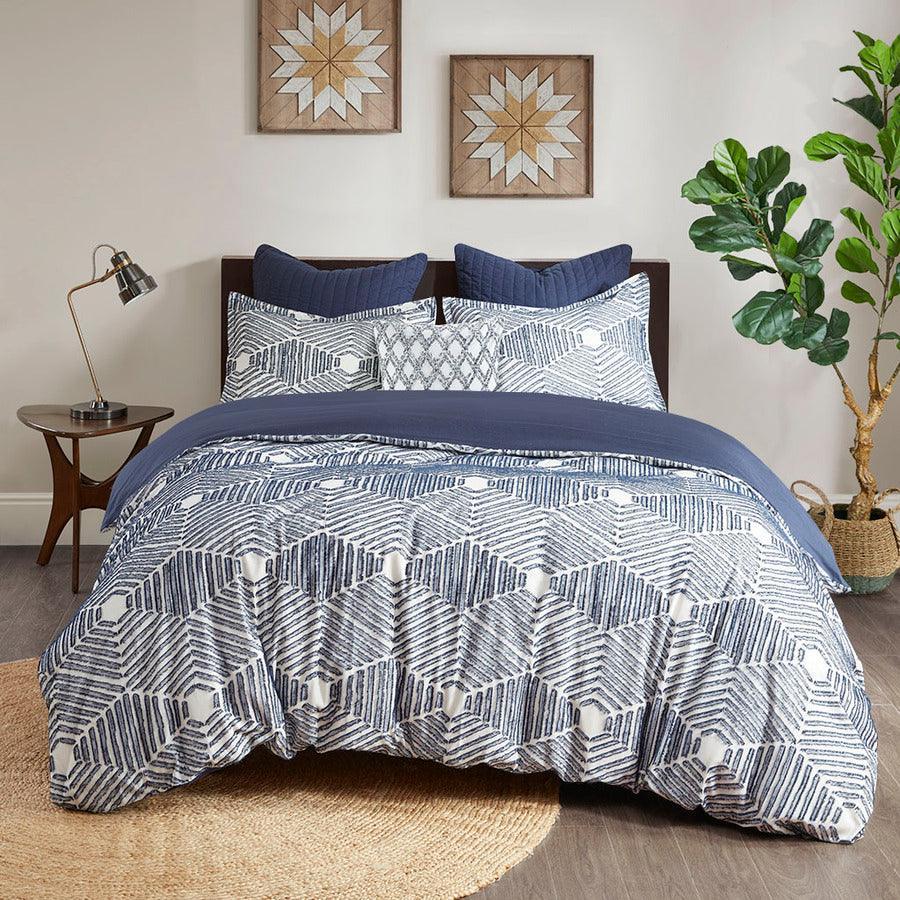 Ellipse Coastal Cotton Jacquard Comforter Set Navy Full/Queen Olliix.com